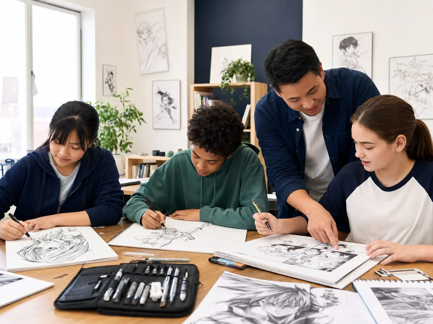 Students practising drawing, character design and comic storytelling
