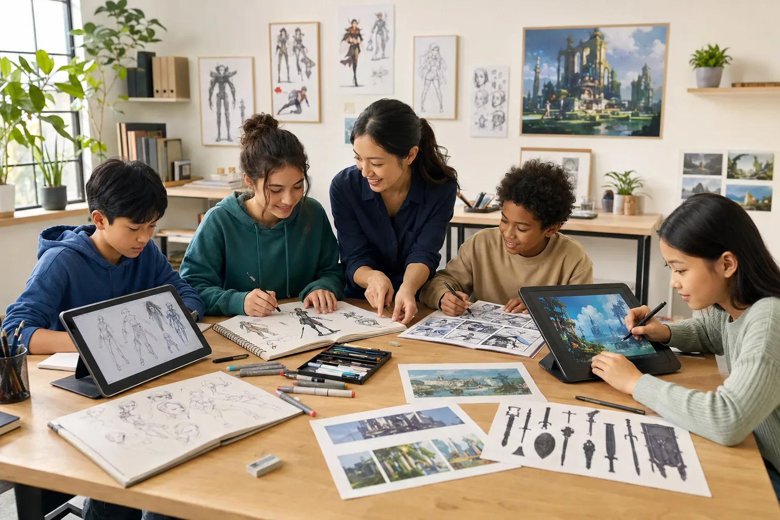 Students creating traditional and digital artwork