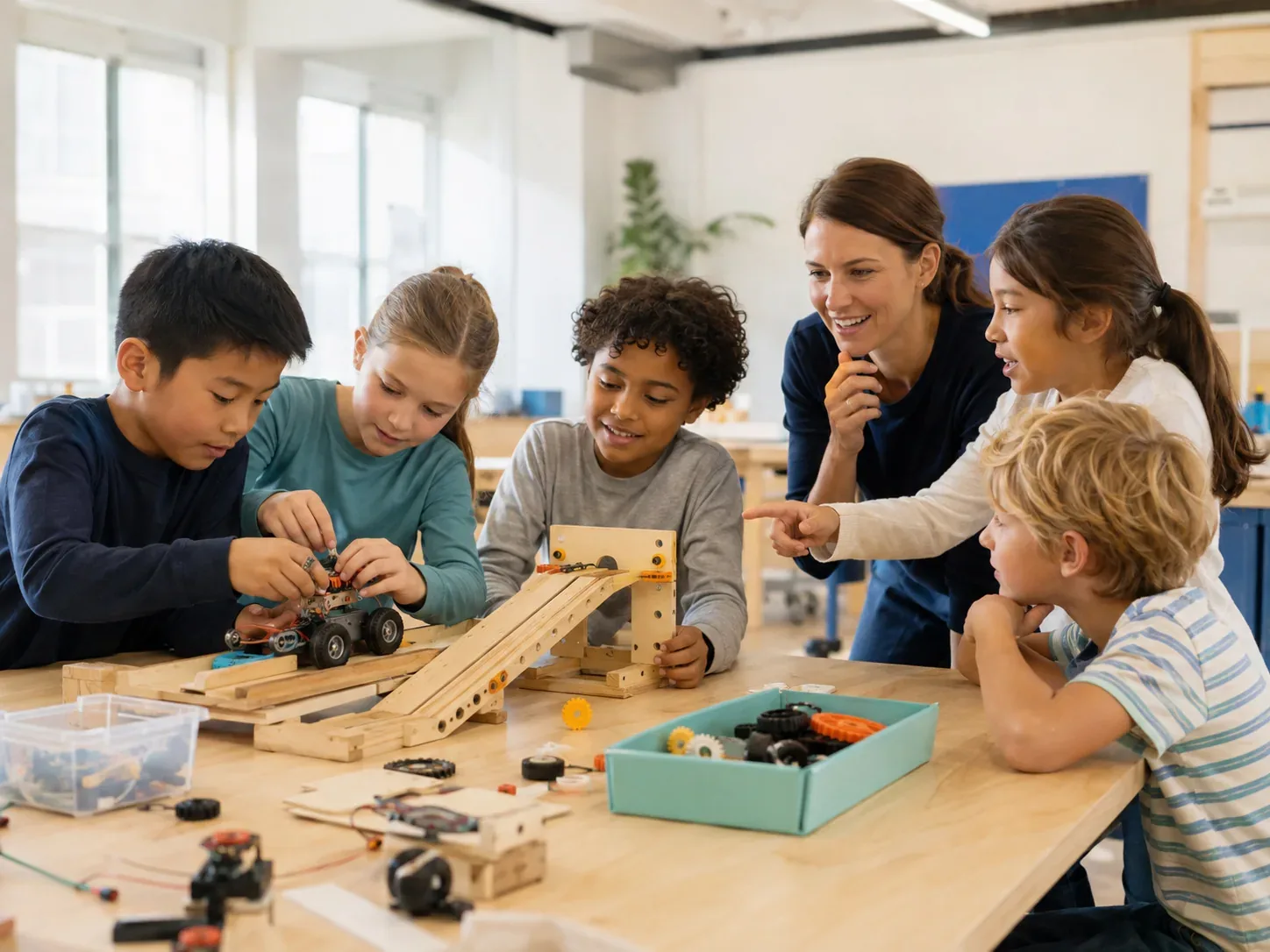 Campers building and testing a hands-on STEM project