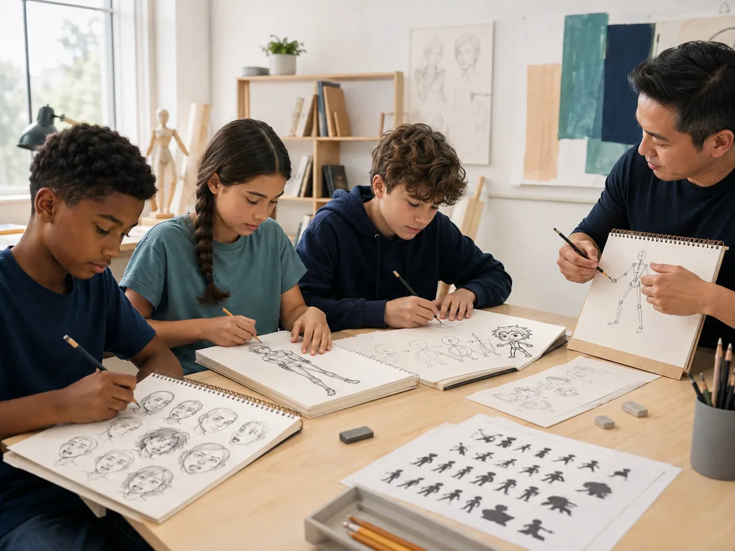 Art instructor guiding traditional and digital design work