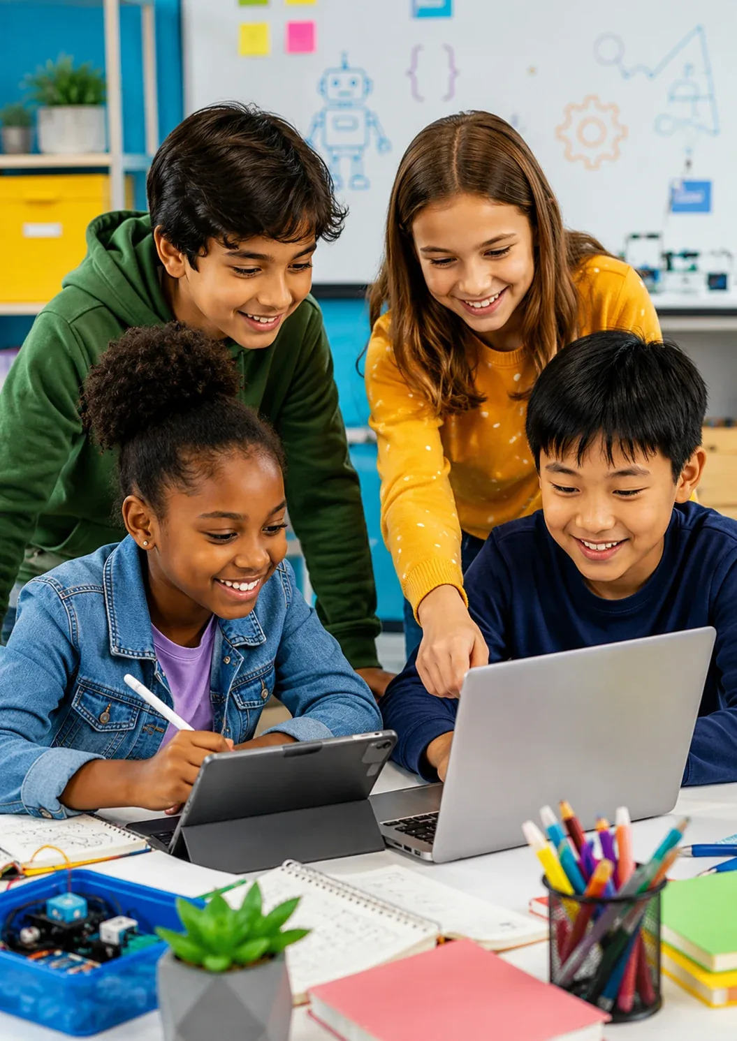 Students learning in a small-group classroom